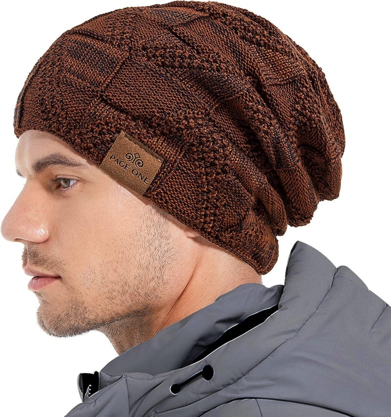 PAGE ONE Mens Winter Slouchy Beanie Warm Fleece Lined Skull Cap Baggy Cable Knit Hat - Image 2